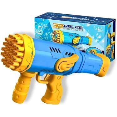 Imagem de Pistola de Bolhas Automática com LED, 32 Orifícios, Brinquedo Infantil para 3-6 Anos, Azul e Amarelo, Funciona com 4 Pilhas AA