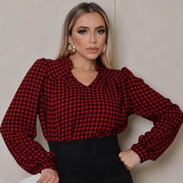 Imagem de Blusa Xadrez Feminina Manga Longa Bufante Gola V - G-Store, Vermelho, 