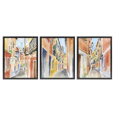 Imagem de Stupell Industries Conjunto de tela flutuante com moldura preta de 3 peças para edifícios históricos da cidade de Madrid por June Erica Vess, 25 x 31