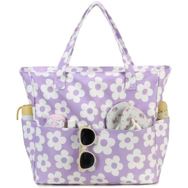 Imagem de Sacola de praia para piscina feminina grande bolsa de ginástica com compartimento molhado para viagens de fim de semana à prova d'água, Flor bege roxa, X-Large