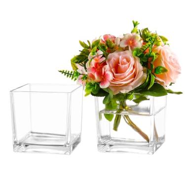 Imagem de MARTAGE Conjunto de 2 vasos quadrados de vidro transparente, vaso quadrado de 15 x 15 cm x 15 cm para centros de mesa, vasos de flores para centros de mesa, vaso pequeno para casamento, festa