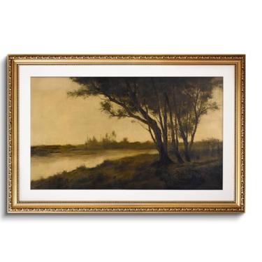 Imagem de VIYYIEA Arte de parede grande emoldurada dourada impressão em tela paisagem de campo decoração de casa vintage decoração de parede de casa de fazenda para sala de estar árvore e rio pintura a óleo