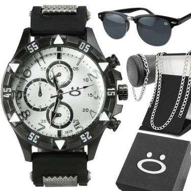 Imagem de Relogio Masculino Aço + Caixa + Oculos Sol Ajustavel Proteção Uv Grumet Robusto Prata Social Preto