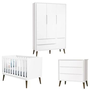 Imagem de Quarto De Bebê Theo 3 Portas Branco Acetinado Com Pés Amadeirado - Reller