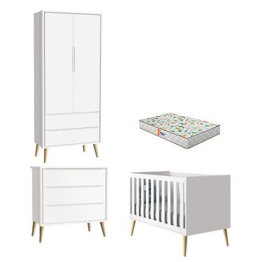 Imagem de Quarto De Bebê 2 Portas E Cômoda Gaveteiro Theo Branco Pés Madeira Natural Com Colchão Gazin - Reller