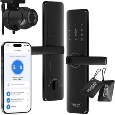 Imagem de Trava de encaixe inteligente com câmera WiFi, kit de instalação - fechadura digital sem chave com conjunto de alça - cartão, teclado, impressão digital, senha - fechaduras eletrônicas inteligentes