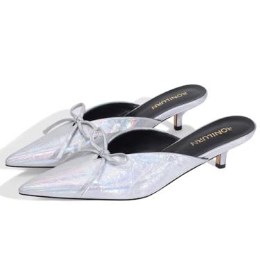 Imagem de RONILURN Salto gatinho feminino salto alto mules stiletto bico fechado bico fino salto baixo moderno metálico frente única festa de formatura elegante, Prata iridescente, 36