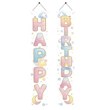 Imagem de Starlit Patio 2 peças, sinal de alpendre de feliz aniversário, lua estrela, nuvem, banner, decoração de festa, artigos de festa de aniversário, parede para crianças, bebês, meninas, meninos, 180 x 30