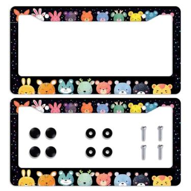 Imagem de 2 peças de moldura de placa de licença de animais fofos desenho animado gato cachorro veado moldura de placa de licença personalizada aço inoxidável peças de automóvel engraçadas molduras de placa de