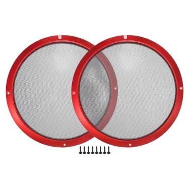 Imagem de ACROPIX Capa universal de grade de alto-falante de carro de 25,4 cm redonda de malha de 25,4 cm caixa protetora de subwoofer com parafusos de montagem ferro vermelho preto - pacote com 2