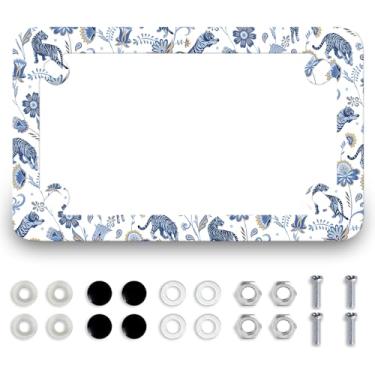 Imagem de Moldura de placa de carro de motocicleta animal tigre aço inoxidável 4 furos à prova d'água Boho floral suporte de etiqueta masculina feminina colorido acessório de motocicleta com parafusos tampas de