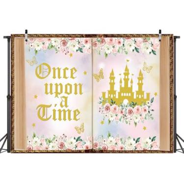 Imagem de LTDKAEN Once Upon a Time Backdrop Pink Fairytale Books Castle Photography Background Once Upon a Time Decoração de chá de bebê 2,1 x 1,5 m