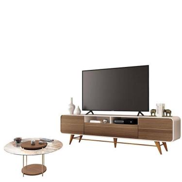 Imagem de Rack Bancada Época com Mesa de Centro Sky com Tampo de Vidro Castanho Off White - HB Móveis