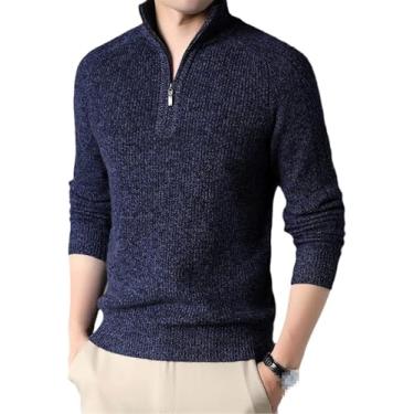 Imagem de Suéter De Lã Para Homens Com Gola Alta De Inverno Quente Com Zíper Térmico De Cor Sólida Pulôver Com Zíper Quarter Zip Roupas Masculinas, Denim Blue, L