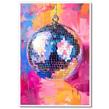 Imagem de Arte de parede em tela de bola de discoteca rosa macia moderna garota descolada prata mirrorball pôster texturizado maximalista impressão vintage 70s bar carrinho decoração de parede para dormitório