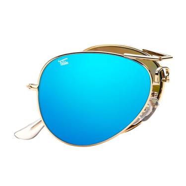 Imagem de Foldies Óculos de sol dobráveis polarizados – Revestimento de lente resistente a arranhões – Armação dobrável – Estojo de couro premium – Aviadores, Dourado - Espelhado azul, Medium