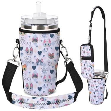 Imagem de AUPET Bolsa de transporte com suporte de garrafa de água adequada para copo Stanley Flowstate IceFlow Yeti de 30/20 /396.9 g, acessórios para copos com bolsa de telefone e alça (coração de gato fofo