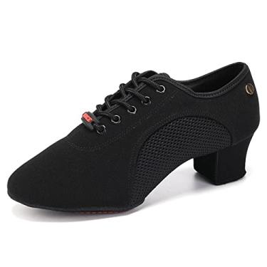 Imagem de JUODVMP Tênis feminino de salão de baile, bico fechado, cadarço, moderno, ensino, salsa, dança, desempenho profissional, Sola de camurça dividida preta 902 - salto de 5 cm, 38 BR