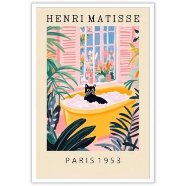 Imagem de KOEUIRW Arte de parede em tela vintage Henri Matisse Funny Black Cat Bathroom Poster Cute Cat In Bathtub Print Pink Green Dopamine Bathroom Wall Decor Tropical Botanical Floral Picture 40 x 61 cm sem