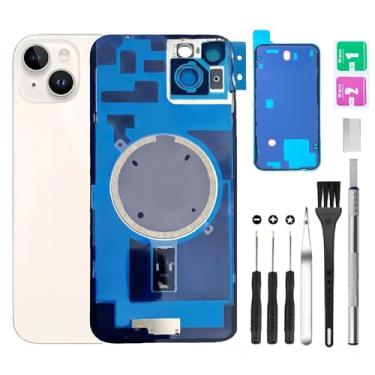 Imagem de Substituição de vidro traseiro para iPhone 14 Plus + lente da câmera + ímã + suporte de peça de ferro com kit de ferramentas de reparo (branco)