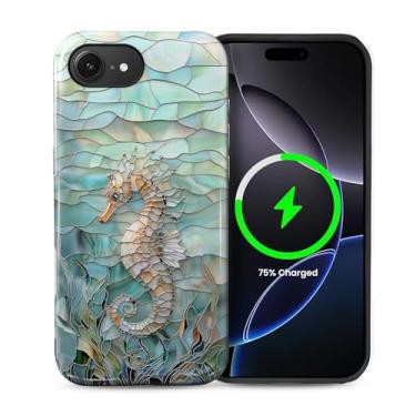 Imagem de Punmada Capa para iPhone 16e para MagSafe, capa rígida híbrida à prova de choque de silicone protetora de corpo inteiro brilhante para iPhone 16e vidro submarino 3D padrão de cavalo-marinho