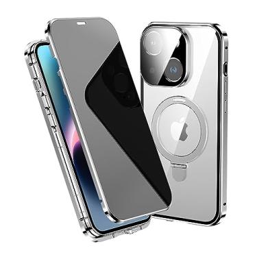 Imagem de KMXDD Capa anti-espiamento para iPhone 15 Pro Max Ring Case Suporte magnético compatível com Magsafe Protetor de lente de tela de privacidade com carregamento sem fio 360 Proteção total do corpo (15 Plus, prata)
