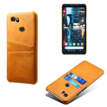 Imagem de Capas Compatível com Google Pixel 2XL,Caso de couro PU-Tampa de telefone a prova de choque com 2 slots de cartão,Proteção anti-impressão digital e anti-gota-Yellow