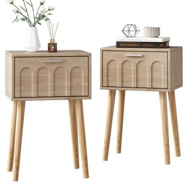 Imagem de Conjunto de 2 mesas-de-cabeceira, mesa lateral de cama pequena com porta de arco, mesa de canto de meados do século com pernas de madeira para quarto, espaço pequeno (natural)