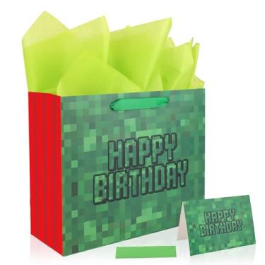 Imagem de Sacolas Brindes Feliz Aniversário, Sacolas Presente com Tema de Pixel com Papel de Seda Cartão Felicitações Envelope Artigos Festa para Aniversário