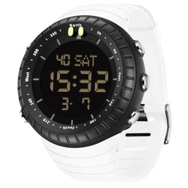 Imagem de findtime Relógio digital masculino tático à prova d'água com números grandes, alarme, cronômetro, esportivo, corrida, militar, relógio de pulso eletrônico simples, Branco, Casual