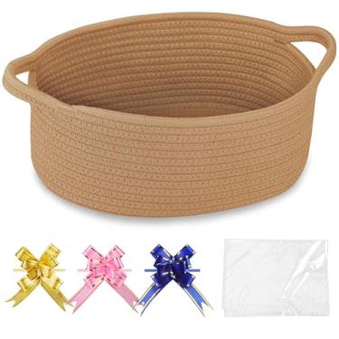 Imagem de COMSE Cesta pequena de tecido com sacos de presente e fitas, cesta de presente vazia, organizador de armazenamento de corda de algodão, caixa de brinquedos para bebês com alças, 30,5 x 20,3 x 12,7 cm
