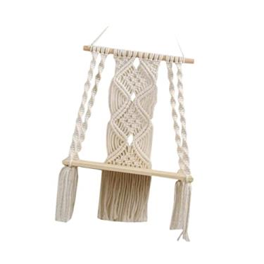 Imagem de Prateleira suspensa de parede de macramê Prateleiras flutuantes de madeira decoração de arte tecida com borla 30 x 50 cm