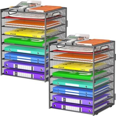 Imagem de Cawukege Organizador de papel de 9 camadas com alça, organizador de mesa de grande capacidade, bandeja de papel de malha, pasta de arquivos, classificador de documentos para sala de aula e organização