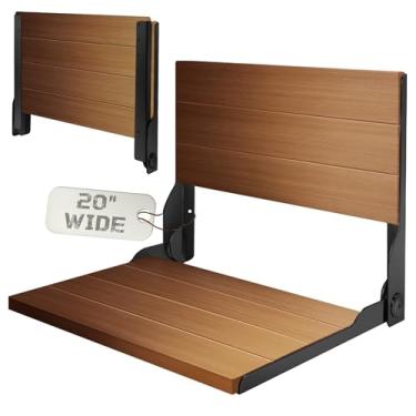 Imagem de koretech Banco de Chuveiro de Teca 20'', Cadeira de Chuveiro Dobrável Montada Na Parede, Assento de Chuveiro Dobrável de Madeira, Banco de Chuveiro de Teca para Chuveiro Interno, Capacidade de 500 Lib