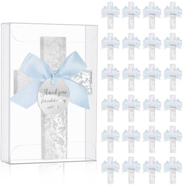 Imagem de Chunful Conjunto de 24 lembrancinhas de batismo de ímã de cruz epóxi para convidados, lembrancinhas de primeira comunhão, ímã de cruz com etiqueta, favor de batismo de batismo azul