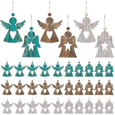 Imagem de Ovveroche Conjunto de 36 peças de enfeites de Natal de madeira, decorações rústicas de anjo de fazenda com desenhos de coração e estrela em branco, marrom, azul para presente de casa de árvore