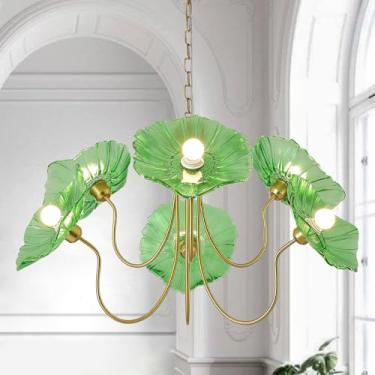 Imagem de APLampara Lustre de vidro floral vintage, luz pendente grande de 6 luzes com tons de flores verdes lustre de latão dourado luminária de teto suspensa para sala de jantar cozinha ilha sala de estar