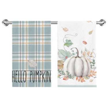 Imagem de Conjunto de 2 toalhas de prato Hello Pumpkin Fall Toalhas de prato com listras em aquarela azul 45 x 66 cm, panos de prato de secagem de folhas sazonais para cozinha, banheiro, decoração de casa