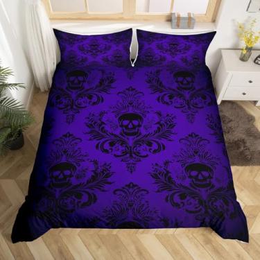 Imagem de Conjunto de capa de edredom de caveira gótica tamanho king, roxo vintage damasco padrão de renda reversível com 2 fronhas, conjunto de capa de edredom de microfibra floral barroca vitoriana boho (sem