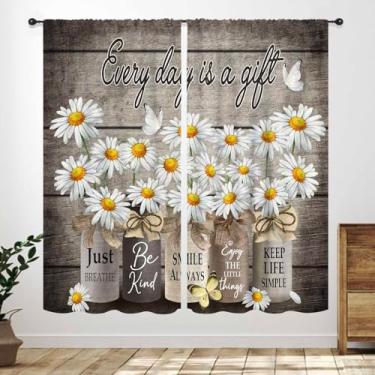 Imagem de Cortinas de margaridas vintage, casa de fazenda rústica, floral, retrô, marrom, tábua de madeira, primavera, flores silvestres, tratamento de janela para quarto, sala de estar, cozinha, cortinas 66 cm