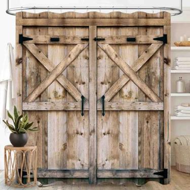 Imagem de TKUYO Cortina de chuveiro de madeira rústica para banheiro, casa de fazenda, porta de celeiro, madeira ocidental, tábua, tábua, portão de garagem, vintage, country impermeável, conjunto de cortina de