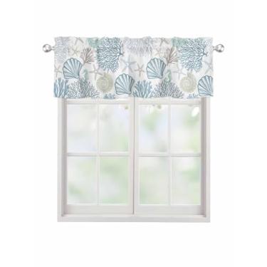 Imagem de Cortina náutica de verão para janelas Kithchen, cortina de camada de concha de coral, estrela do mar, cavalo-marinho, tratamento de janela, azul, oceano costeiro, sanefas para quarto/sala de estar