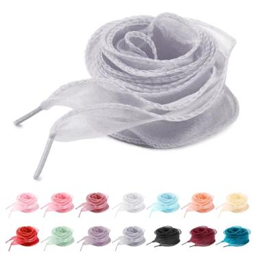 Imagem de UamGlsob Cadarços de seda de organza extravagantes de 4 cm para tênis femininos, lindos cadarços de fita de cetim transparente, cordões de fio de substituição, Cinza, 54"/140cm