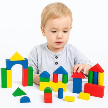 Imagem de Carrinho de Blocos de Montar Colorido 30 Peças – Brinquedo Educativo de Madeira Pinus – Pedagógico para Crianças