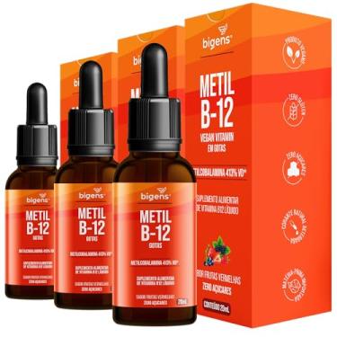 Imagem de Metil B-12 vegan vitamin gotas liquida, Metilcobalamina 413% VD, sabor frutas vermelhas, 20mL, Bigens (Kit 3)