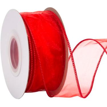 Imagem de Zofrud Fita com fio de organza vermelha de 3,5 cm – Fita transparente de 20 metros com borda metálica para embrulho de presente, laços, arranjos florais, artesanato e decorações de casamento