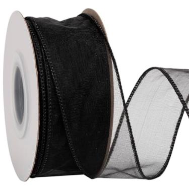 Imagem de Zofrud Fita com fio de organza preta de 3,5 cm – Fita transparente de 20 metros com borda metálica para embrulho de presente, laços, arranjos florais, artesanato e decorações de casamento