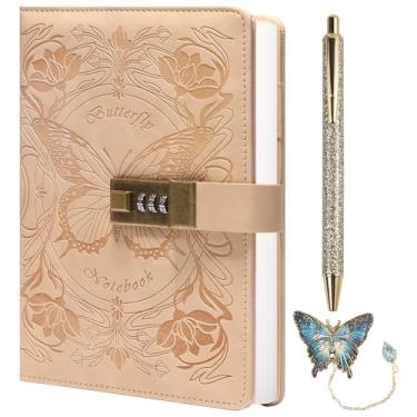 Imagem de TIEFOSSI Diário com cadeado para mulheres e meninas, diário forrado com cadeado, caderno de borboleta com caneta e marcador de página de borboleta, diário de bloqueio recarregável A5 para escrever
