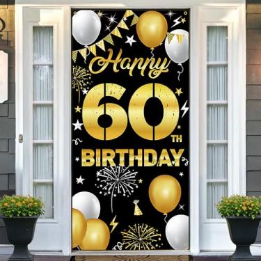 Imagem de HTDZZI Decorações de feliz aniversário de 60 anos para homens e mulheres – Pano de fundo de faixa de aniversário de 60 anos em ouro preto, placa de quintal de tecido, adereços de foto para festas