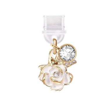 Imagem de ELISE & FONDA TP859 Tipo-C porta de carregamento plugue antipoeira pequeno cristal rosa flor charme celular para iPhone 15/16/Samsung/OnePlus/Xiaomi/oppo telefones Android (branco)